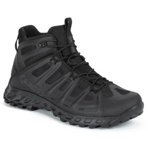 AKU Selvatica Tactical Mid GTX Black Boots side view, showcasing the sturdy construction with breathable mesh panels, the AKU logo embossed on the side, and the advanced lacing system climbing the boot's ankle-high shaft for a secure fit. The outsole's ru
