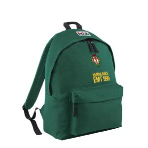 This is an 'Ambulance Kids Backpack' in a rich midnight green shade, featuring a detailed Ambulance logo crest and 'EMT 999' text in yellow on the front pocket. The logo is carefully designed to resemble authentic EMT badges. This backpack has a sturdy to