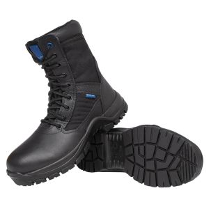 Angled view of Blueline 8in Patrol Black Police Boots showcasing the leather and nylon upper, robust lacing system, and the blue accent on the padded collar indicating the brand identity.