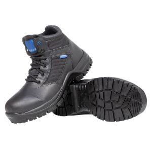 Side perspective of Blueline 6in Patrol Black Police Boots, highlighting the sleek black leather construction with integrated nylon panels for breathability. Visible are the metal eyelets for lacing, blue Blueline branding, and the durable, high-grip sole