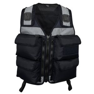 Frontal view of the Niton Tactical 4 Pocket Navy Security Vest, showcasing its robust build and ample storage. The vest features four large bellowed pockets with secure closures, two KlickFast docks on the shoulders for equipment attachment, and high-visi